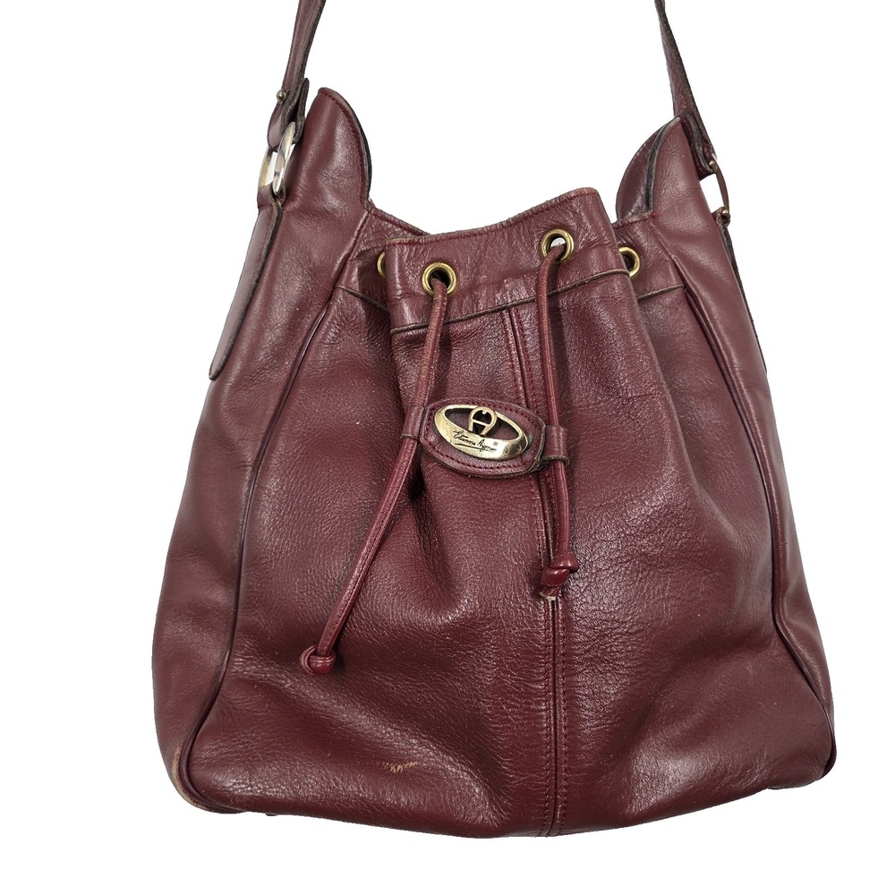 Vtg Etienne Aigner Drawstring Bucket Bag Oxblood Smooth Leather Shoulder